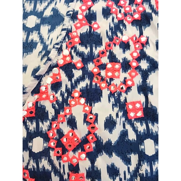 Beaches & Boho Swim Cover Up Blue Ikat Coral Tassel Fringe S/M - Picture 3 of 8